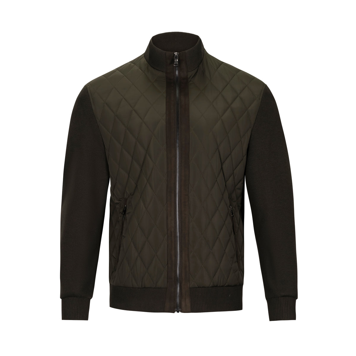 ENZO AXEL OLIVE QUILTED BOMBER JACKET WITH KNIT SLEEVES