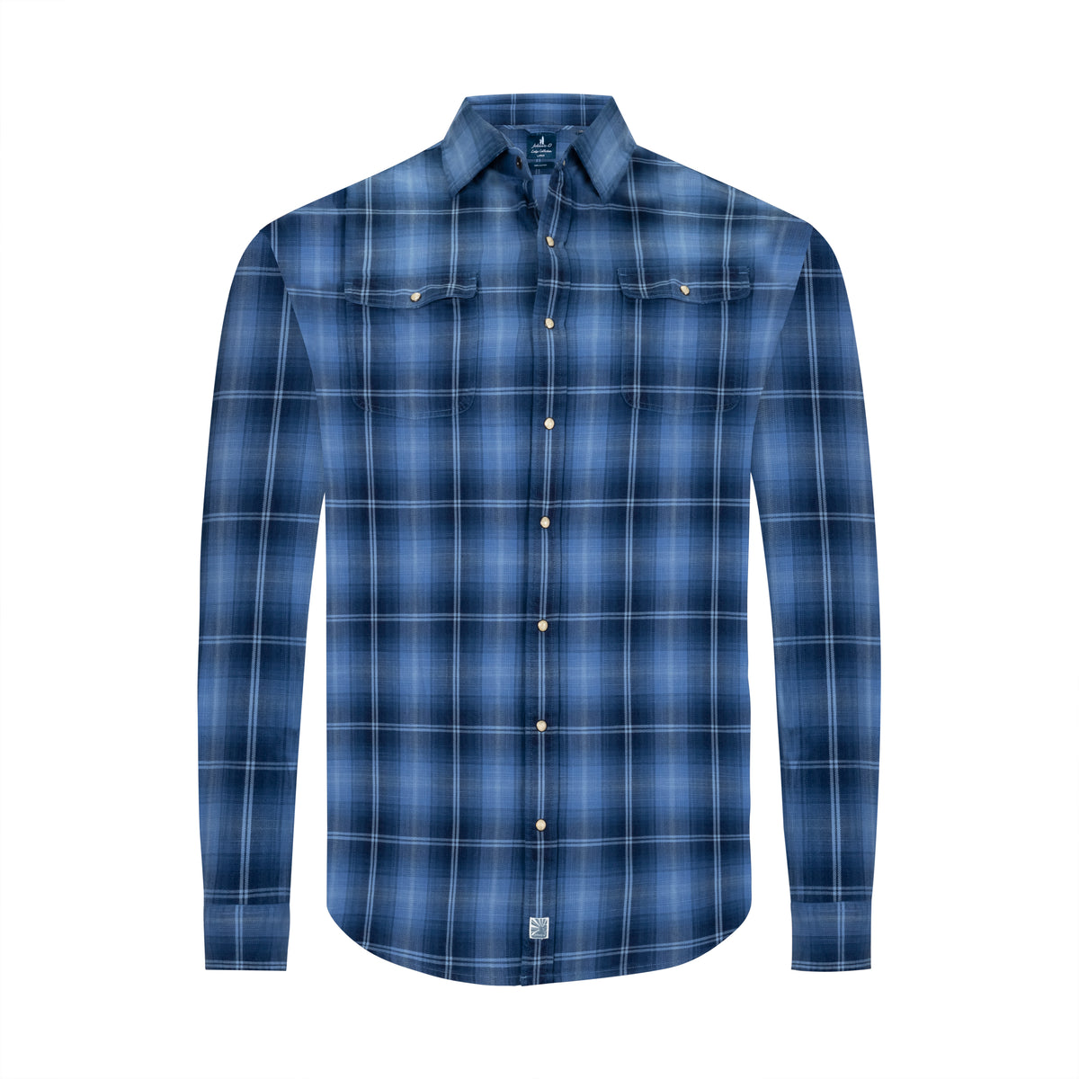 JOHNNIE-O LAKE INDIGO PLAID SNAP-FRONT COTTON SHIRT