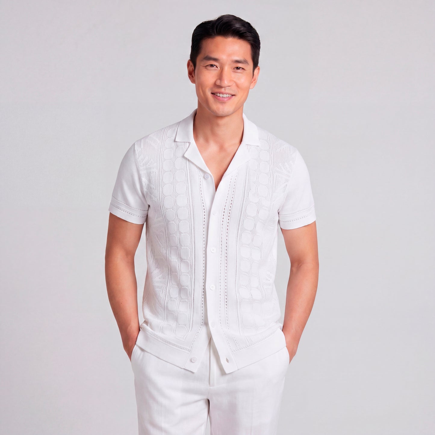 F/X FUSION WHITE JACQUARD FULL-BUTTON CAMP POLO