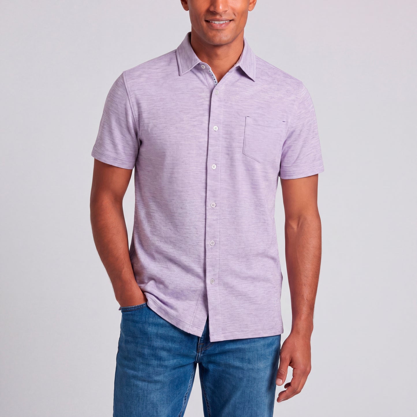 NICOBY HONEYCOMB KNIT SHORT SLEEVE BUTTON FRONT SHIRT