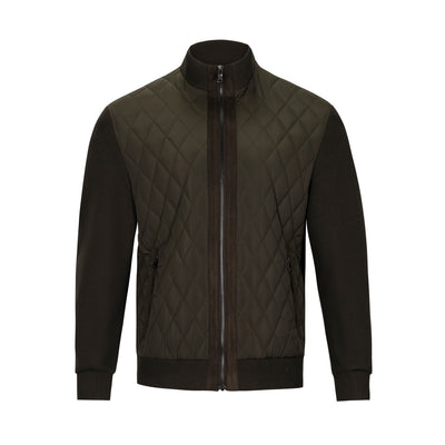 ENZO AXEL OLIVE QUILTED BOMBER JACKET WITH KNIT SLEEVES