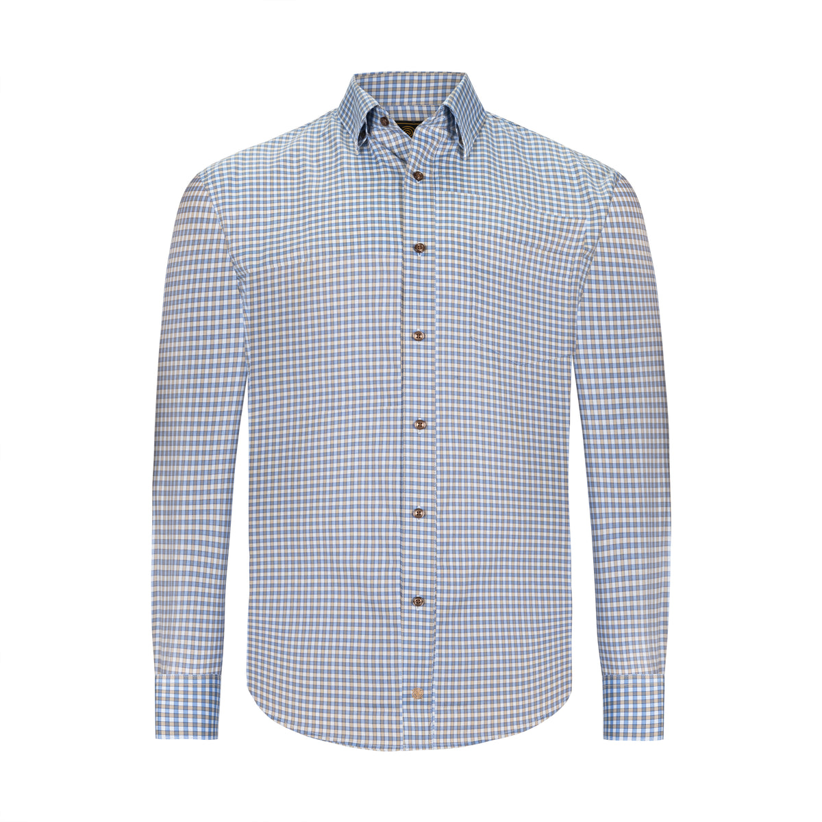 F/X FUSION BLUE AND TAUPE GINGHAM WRINKLE-FREE DRESS SHIRT