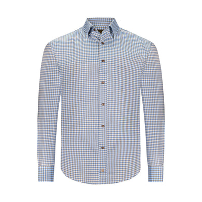F/X FUSION BLUE AND TAUPE GINGHAM WRINKLE-FREE DRESS SHIRT