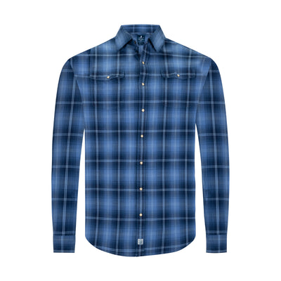 JOHNNIE-O LAKE INDIGO PLAID SNAP-FRONT COTTON SHIRT