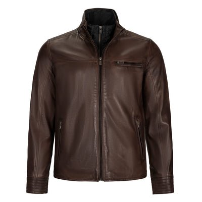 REGENCY MALIK DARK BROWN LAMB LEATHER MOTO JACKET WITH REMOVABLE BIB