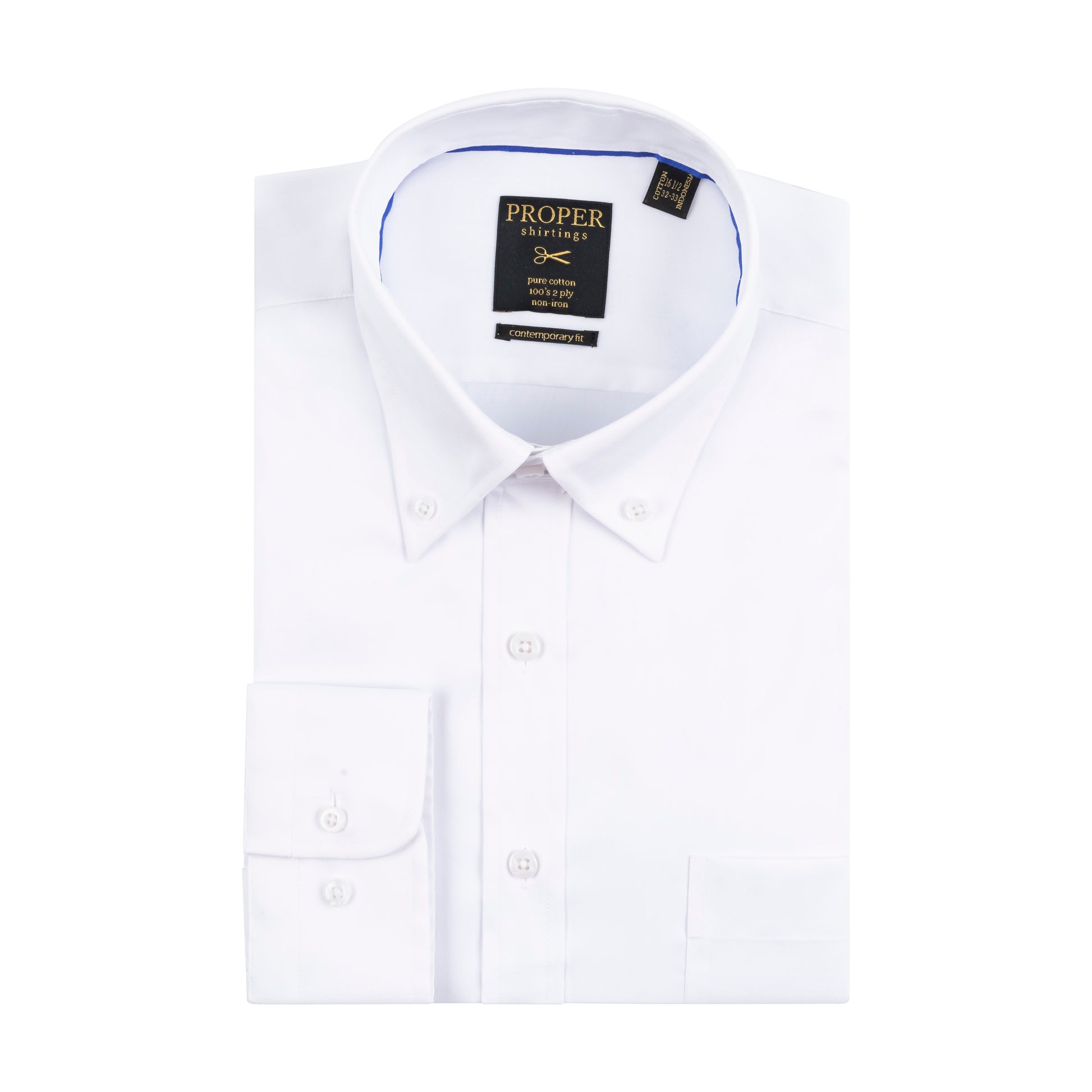 Proper Pinpoint 100s 2 Ply Cotton Contemporary Fit Button-Down Collar Dress Shirts, 15 34/35 / White