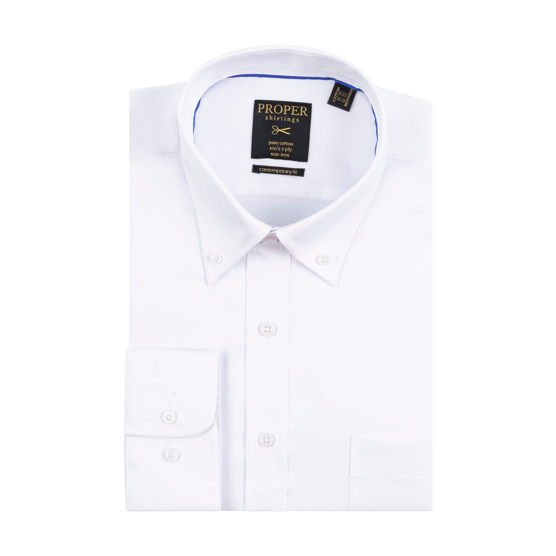 Proper Pinpoint 100s 2 Ply Cotton Contemporary Fit Button-Down Collar Dress Shirts, 15 34/35 / White