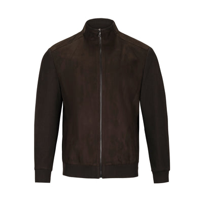 ENZO NIKOLAI BROWN FAUX-SUEDE KNIT-SLEEVE JACKET