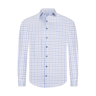 MARCELLO BLUE AND BROWN TEXTURED CHECK DRESS SHIRT