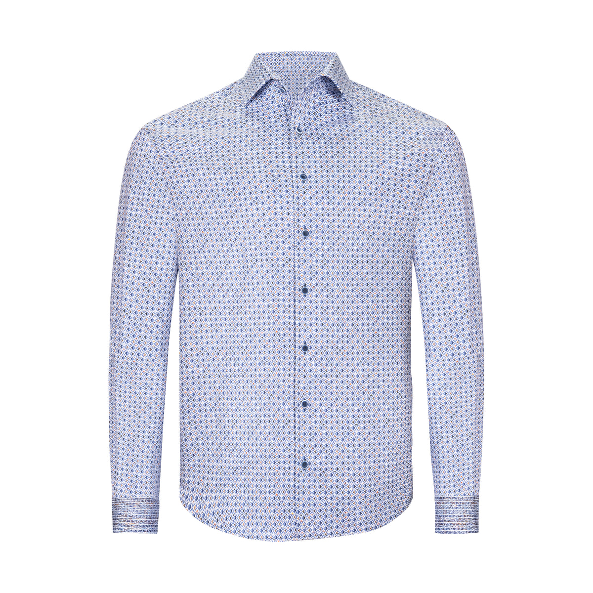 MARCELLO BLUE AND BROWN ABSTRACT GEOMETRIC DRESS SHIRT