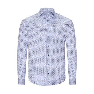 MARCELLO BLUE AND BROWN ABSTRACT GEOMETRIC DRESS SHIRT