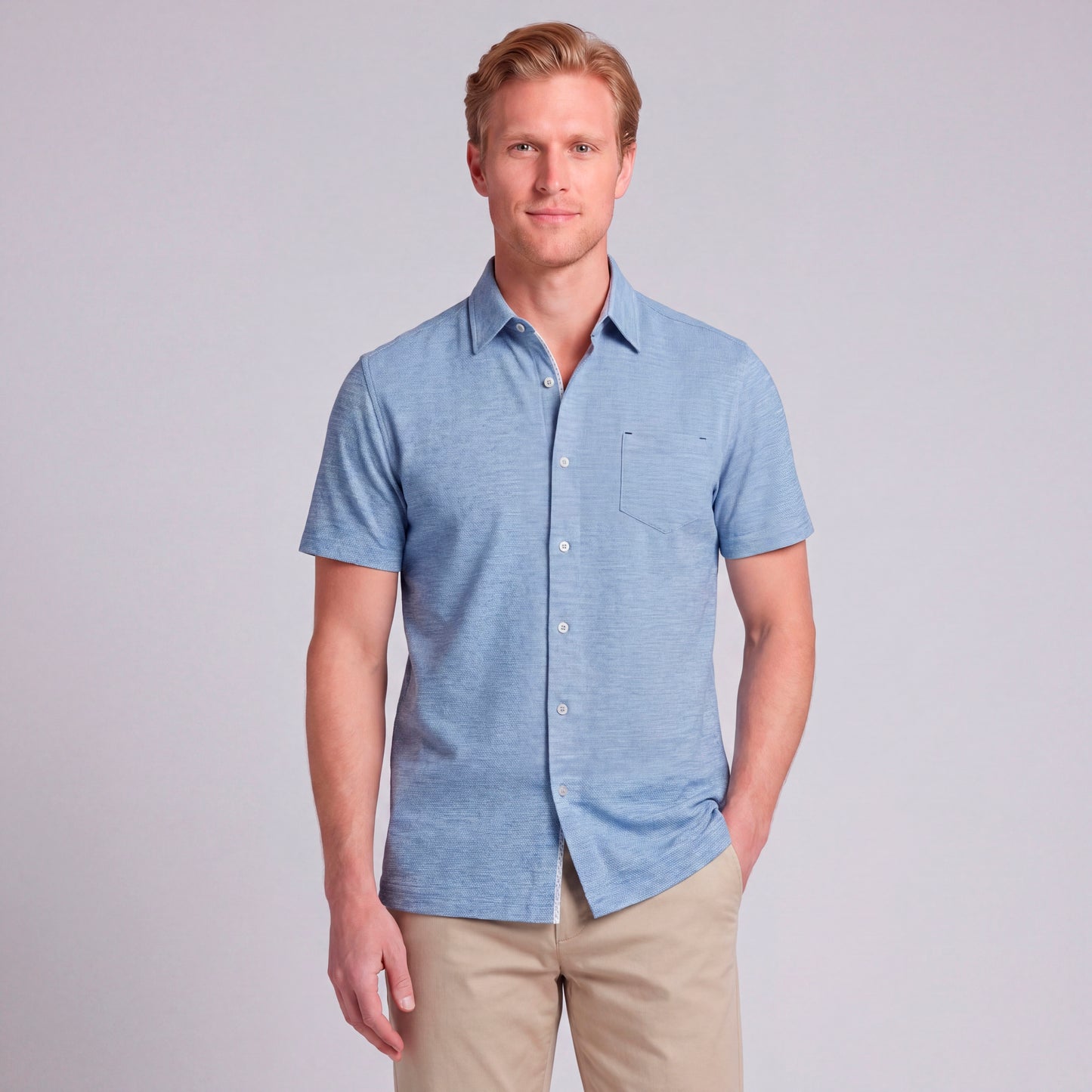 NICOBY HONEYCOMB KNIT SHORT SLEEVE BUTTON FRONT SHIRT