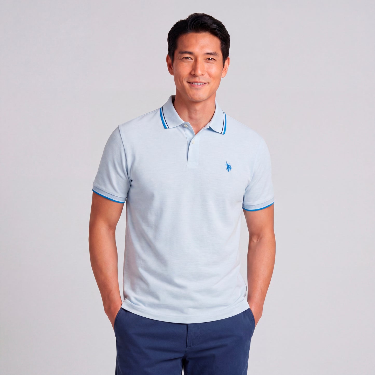 U.S. POLO SLIM FIT INTERLOCK TIPPED POLO IN LIGHT BLUE