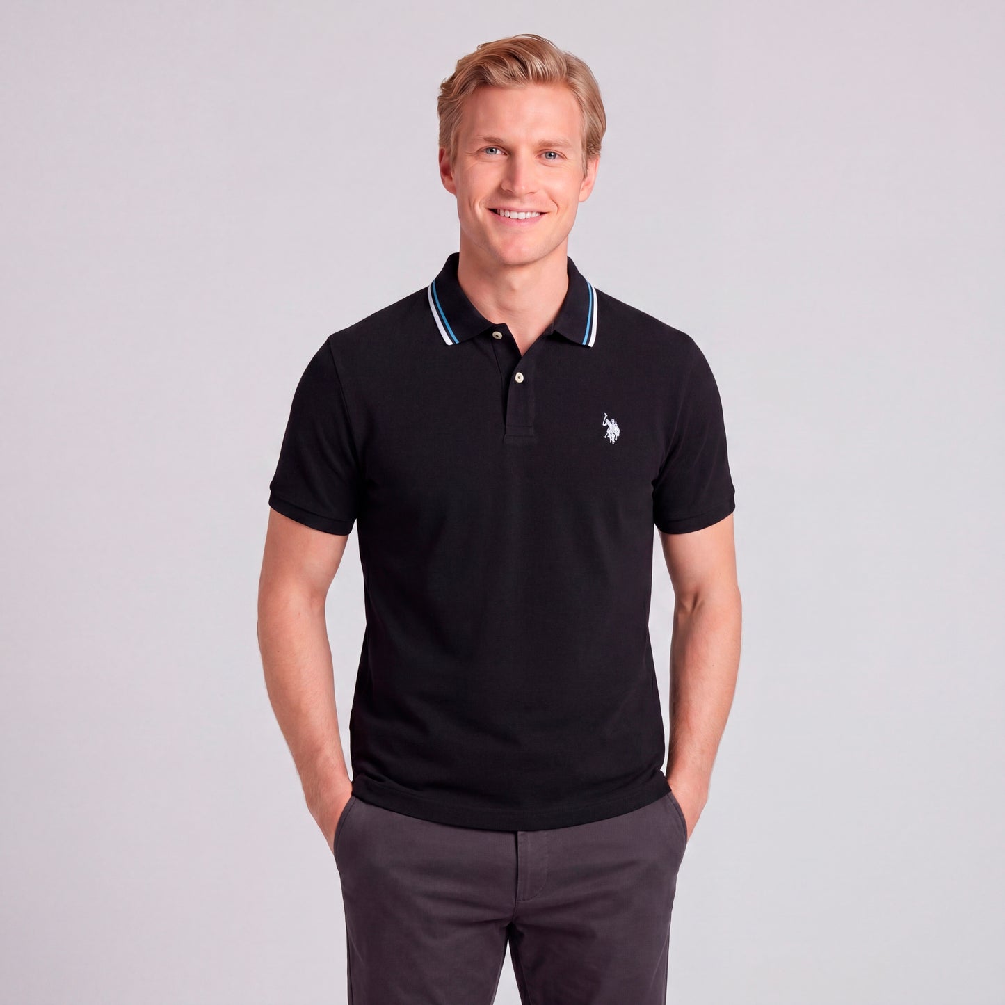 U.S. POLO SLIM FIT INTERLOCK TIPPED POLO IN BLACK