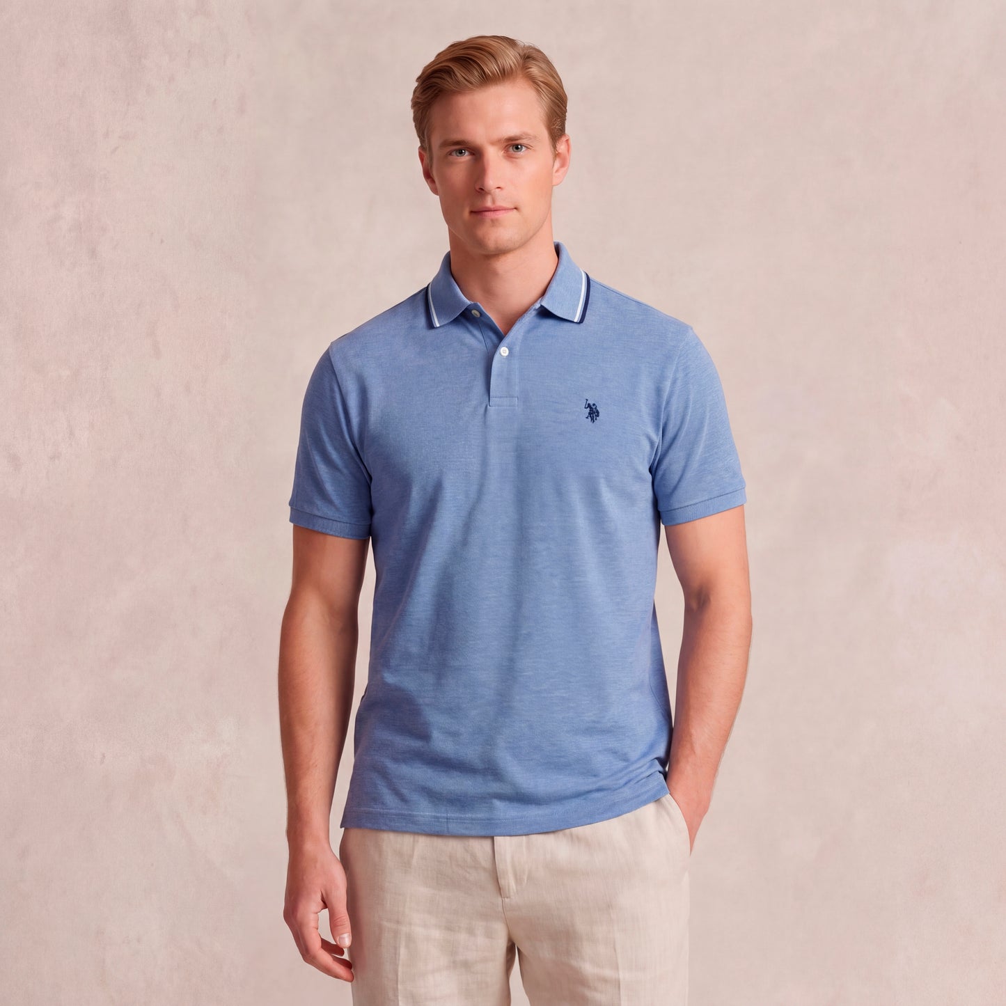 U.S. POLO SLIM FIT INTERLOCK TIPPED POLO IN BLUE
