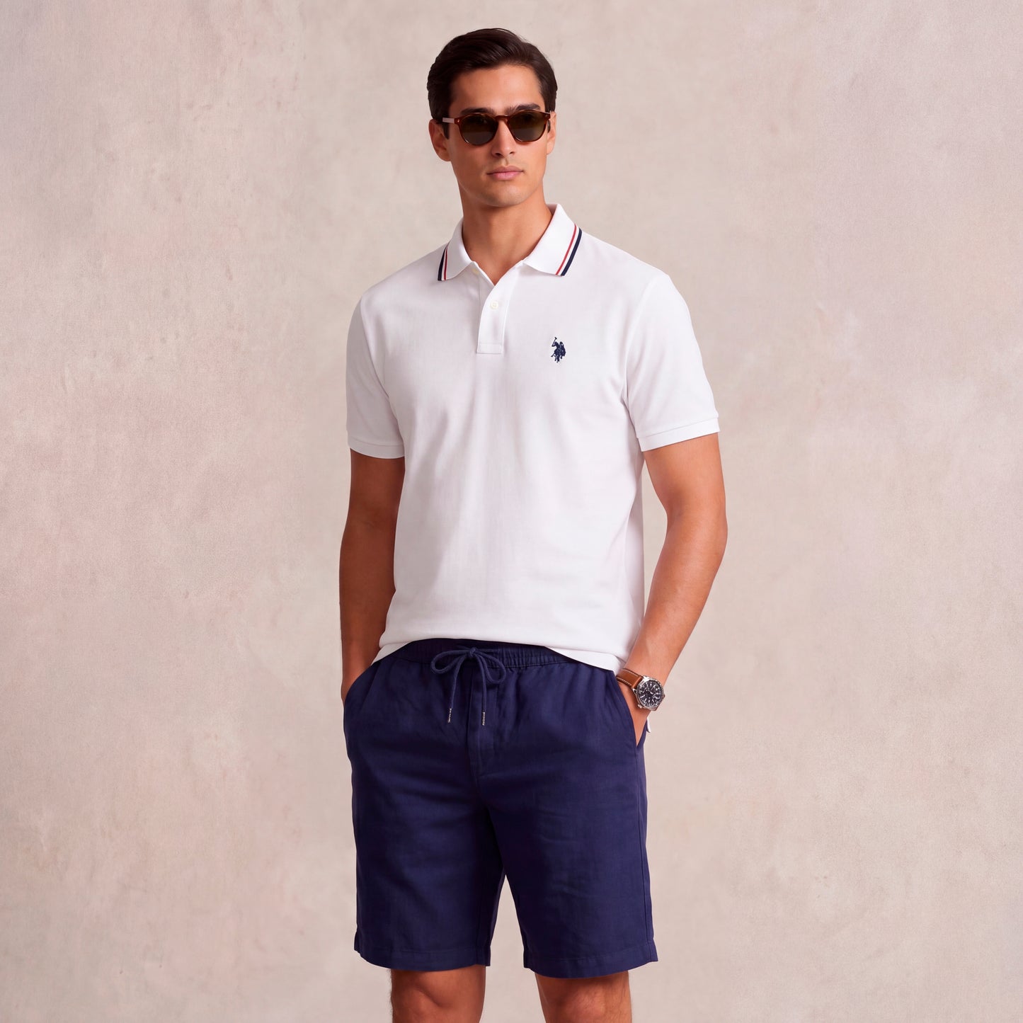 U.S. POLO SLIM FIT INTERLOCK TIPPED POLO IN WHITE